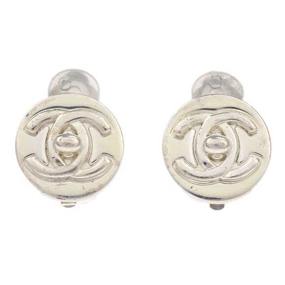 Chanel Turnlock Button Earrings Clip-On Silver 97A 196448 - Picture 1 of 4
